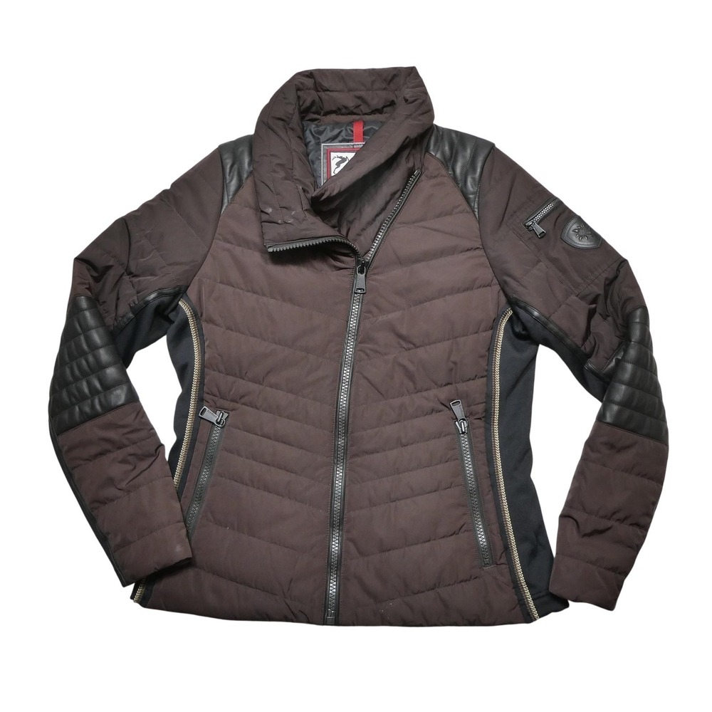 Alp-n-Rock Jacket Womens Medium Brown Quilted Puffer Faux Leather Moto Zip Ski